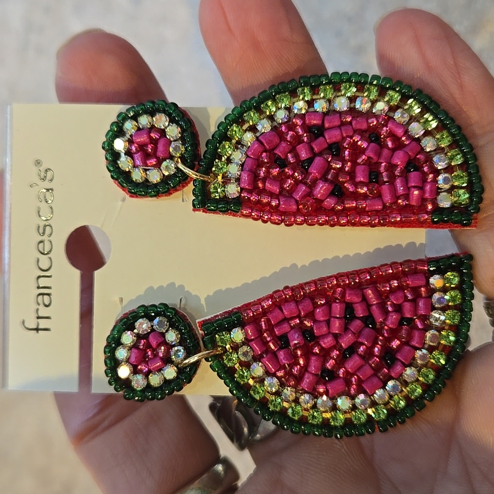Francesca's Collections Beaded Watermelon Dangle Earrings - Picture 2 of 5